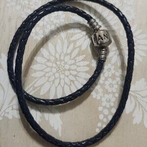 Pandora Sterling Silver Dark Navy Blue Leather Double Wrap Charm Bracelet